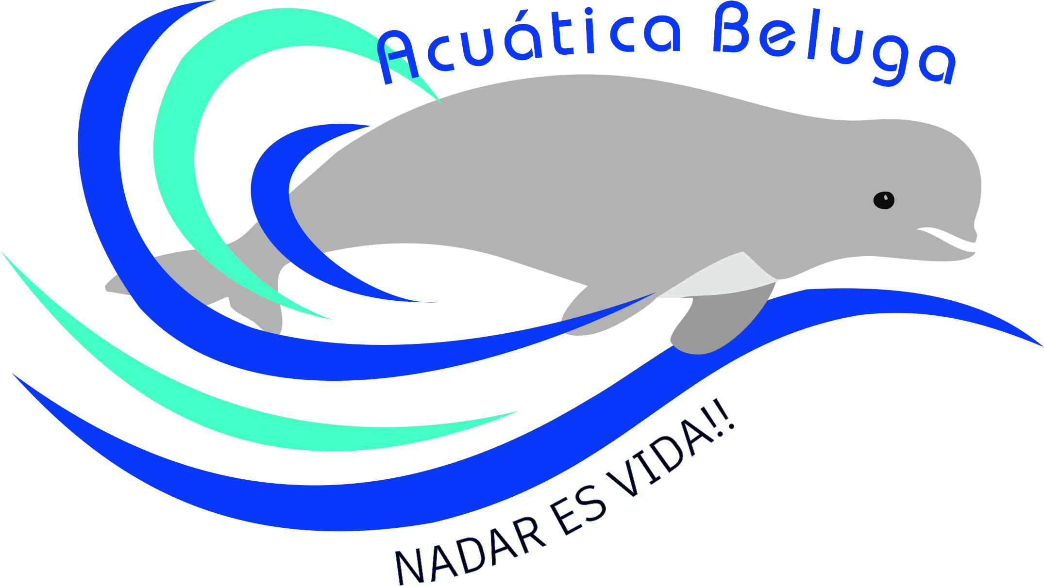 Logo de Acuática Beluga — beluga ilustrada sobre olas azules y verdes
